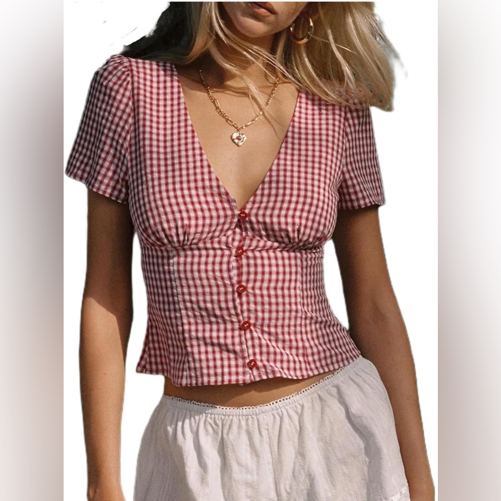 Red Gingham Button-Up Top